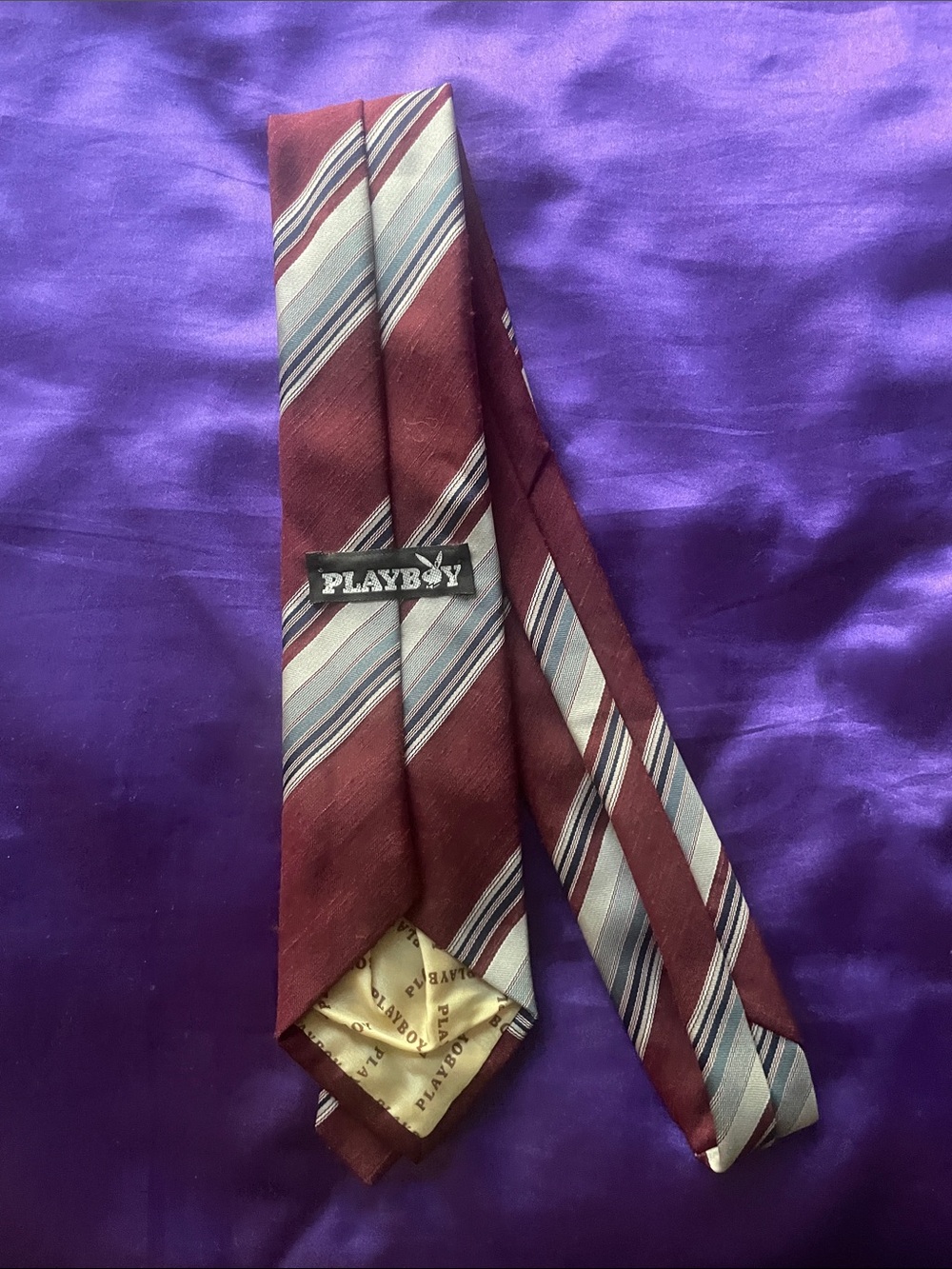 VYG PLAYBOY Burgundy Tie with Light Blue and White Stripes